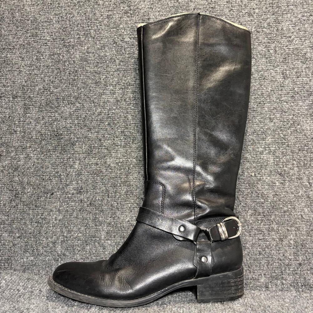 Franco Sarto Womens Size 8.5 Black Leather Tall Riding Boots Harness Buckle Y2K